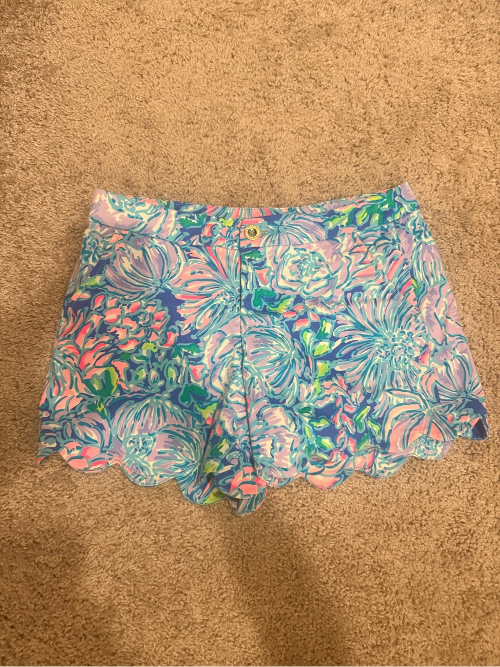 Lilly Pulitzer Blue & Pink Floral Scalloped High-Waist Shorts